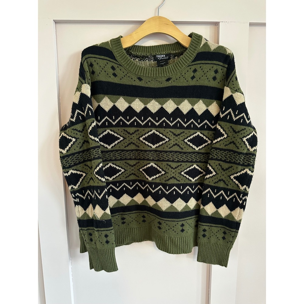 Thorn & Fable Hot‎ Topic Mens Green Fair Isle Geometric Knit Crewneck Sweater S